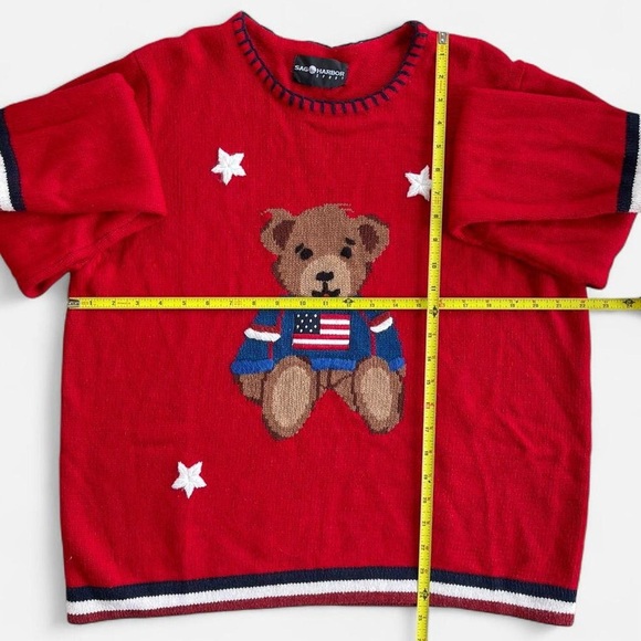 Vintage Sag Harbor Sport Red Knit Teddy Bear & Stars American Flag Sweater - Picture 4 of 5